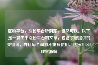 涨粉平台,涨粉平台秒到账,当然可以。以下是一篇关于涨粉平台的文章,包含了您提供的关键词,并且每个词都不重复使用。亿乐社区SUP货源站