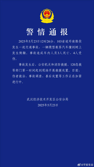 武汉警方：一微型载客汽车撞树侧翻，致3死4伤  第1张